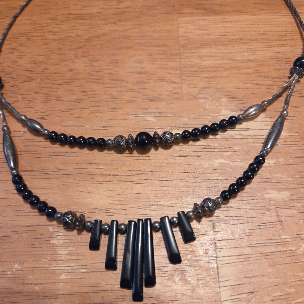 Southwestern Vintage Liquid Sterling Silver Black Beaded Double-Layer Necklace
